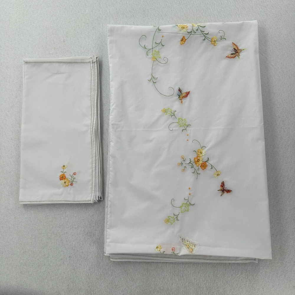 Vintage Handmade Linen‎ Tablecloth and Napkins Set of 12 Floral 100" X 64"